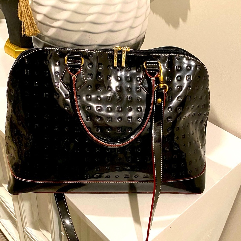 Arcadia Black Embossed Patent Leather LARGE Dome Satchel Bag made in Italy